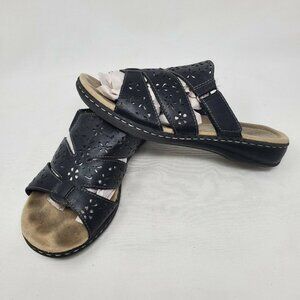 Croft and Barrow Women's Black Leather Floral Slides Sandals size 10 CM 26